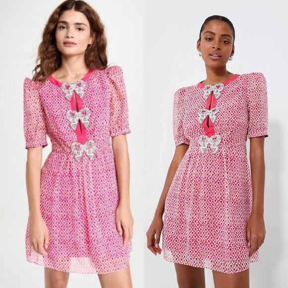 Saloni Pink Indianblock Print Silk Crystal Pearl Bow Mini Dress size UK 14/US 10 - Picture 1 of 11